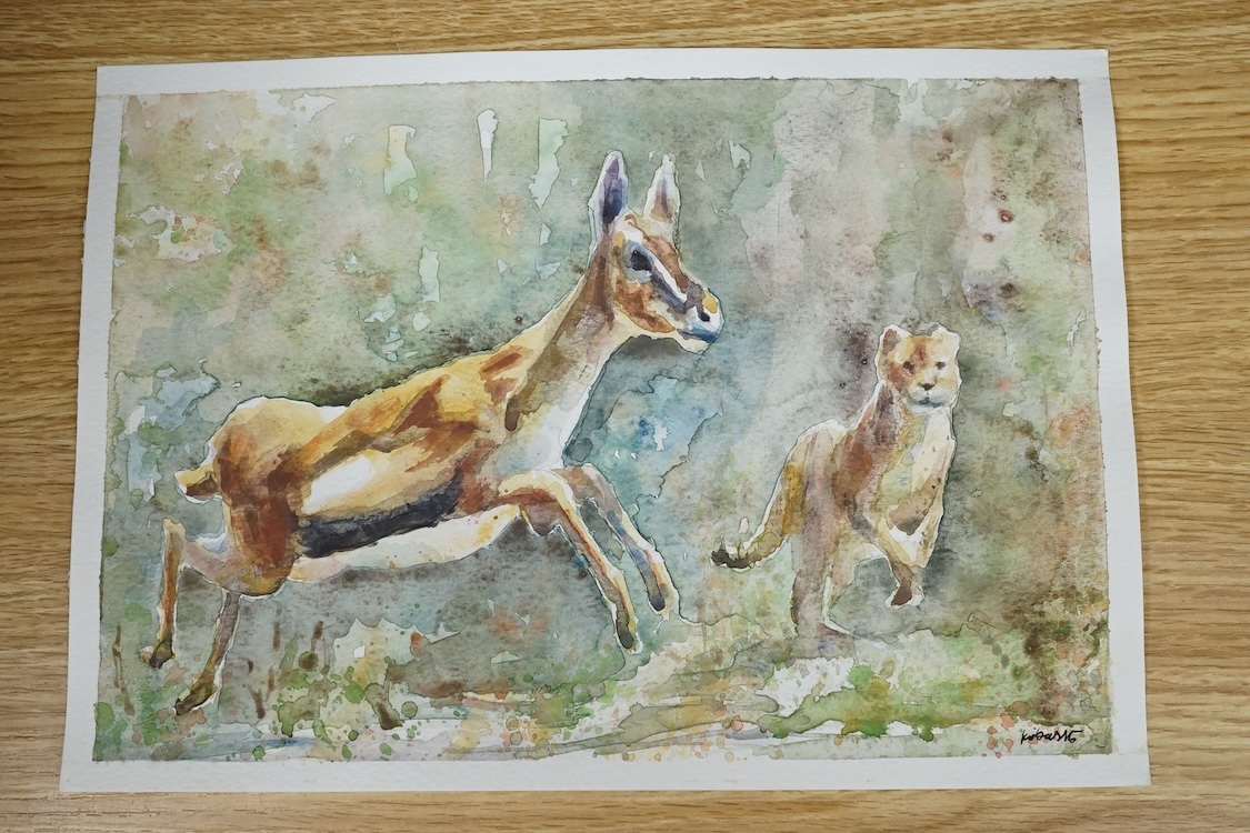 Baris Ali Kibar (Contemporary), ten watercolours on card, Wildlife to include ducks, horses, kingfisher and African wildlife, some signed, unframed, 21 x 29cm. Condition - fair